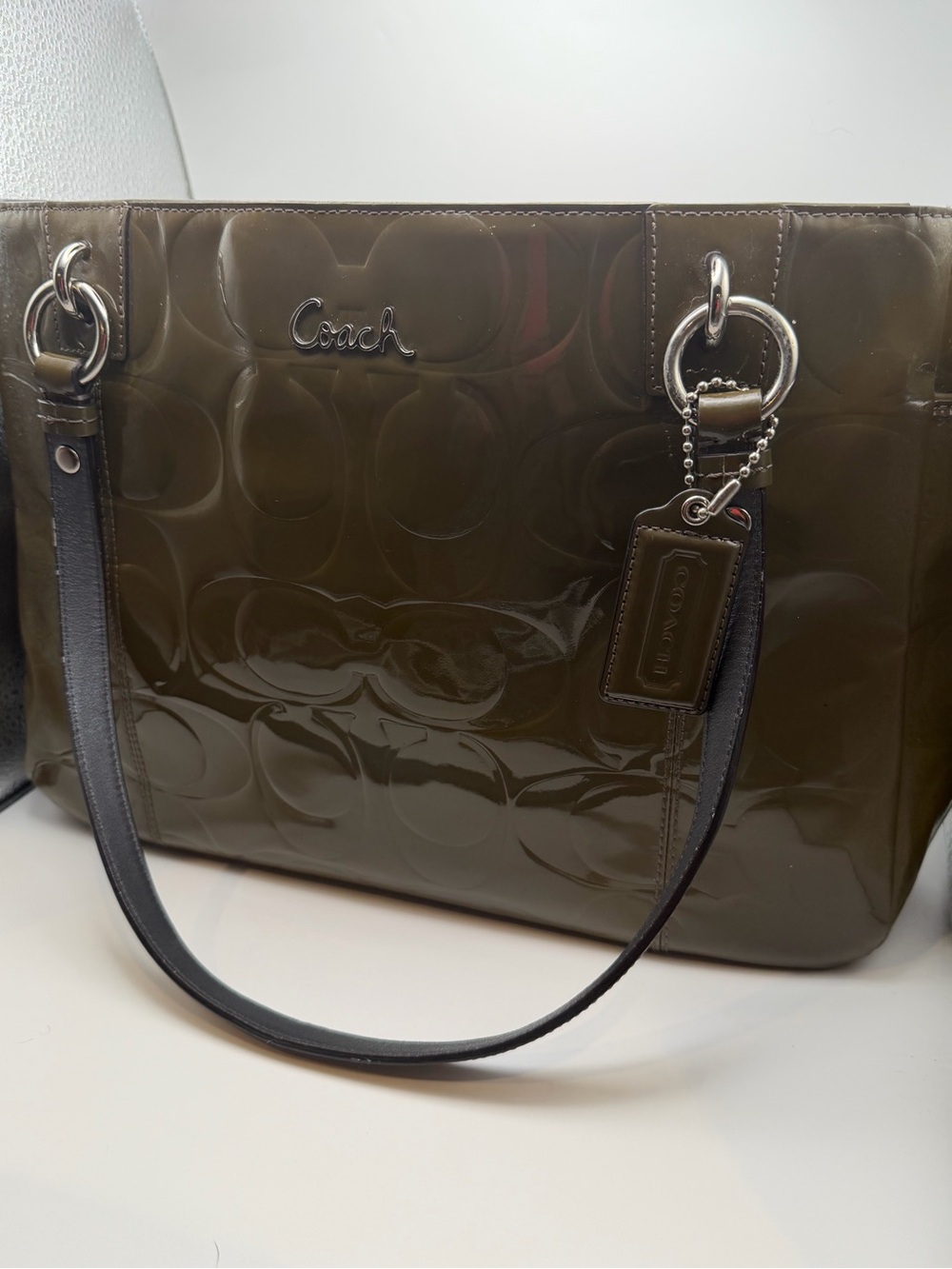 Coach Zoe Large Olive Green Patent Leather Signature Hobo Bag Tote F14709 - Picture 9 of 10
